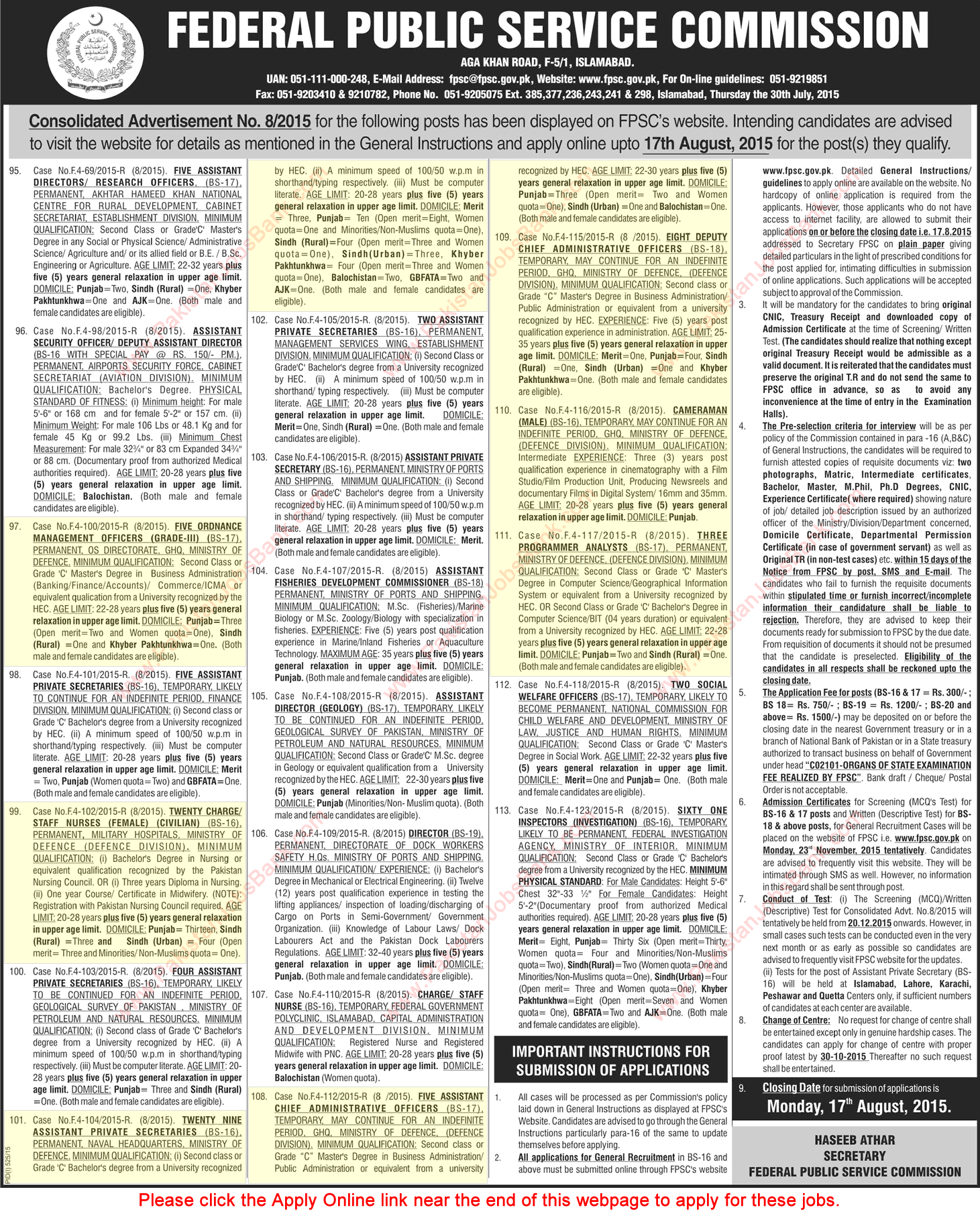 Ministry of Defence Jobs August 2015 Pakistan FPSC Online Apply Latest